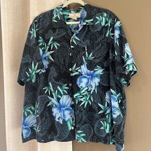 Men's Tropical Silk Vacation Blue & Green Print Hawaiian Shirt,  Size XL